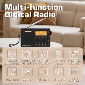 XHDATA R108 LCD display shows signal and temperature.