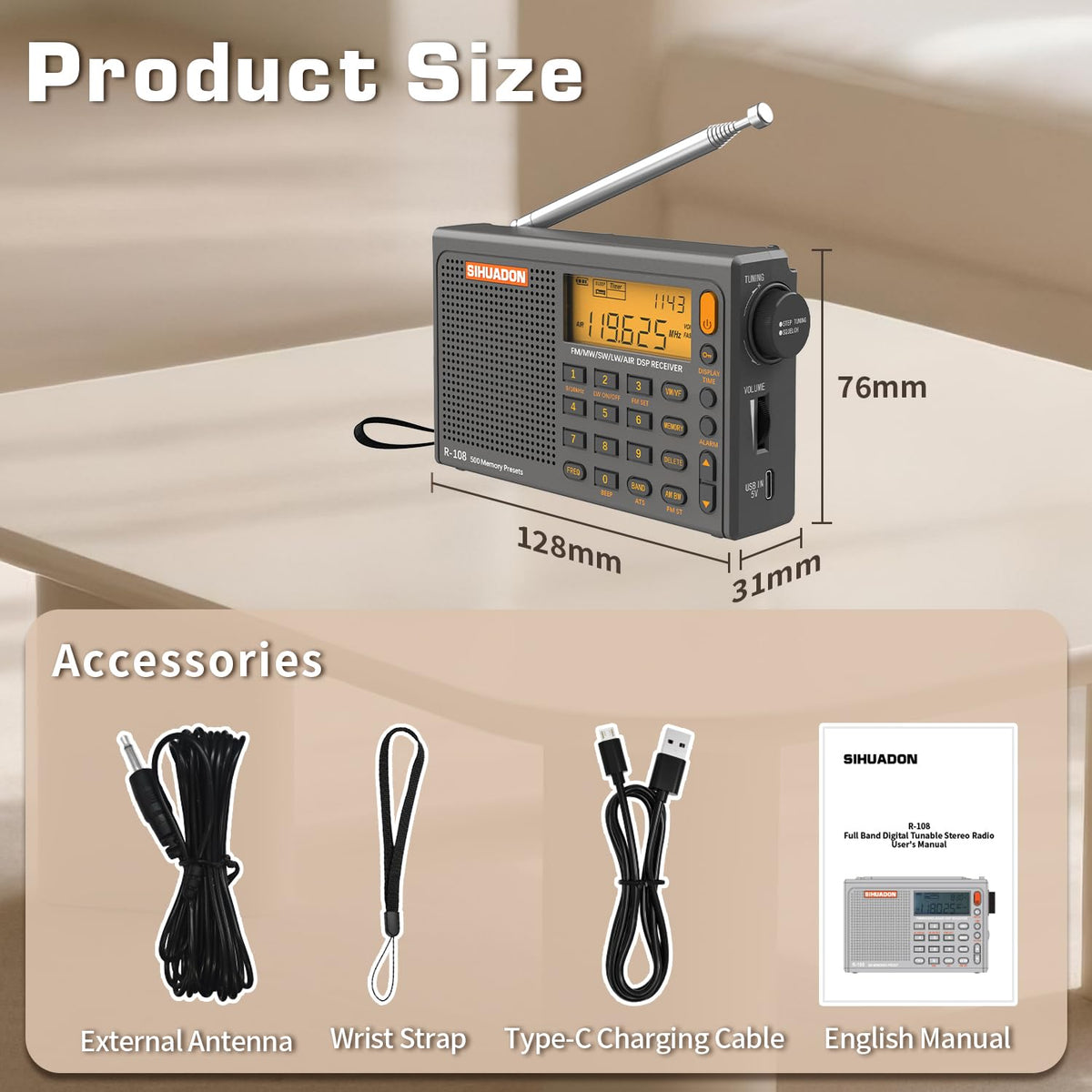 XHDATA R108 USB-C or battery power for travel.