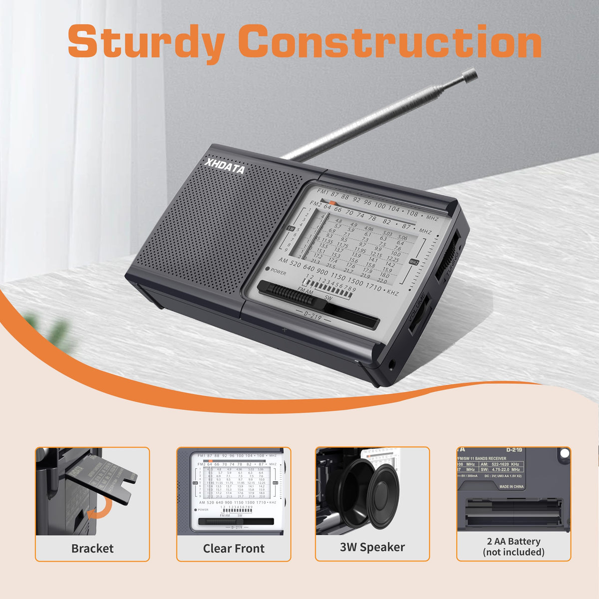 XHDATA D219 held in hand to demonstrate pocket-sized portability and grab-and-go convenience