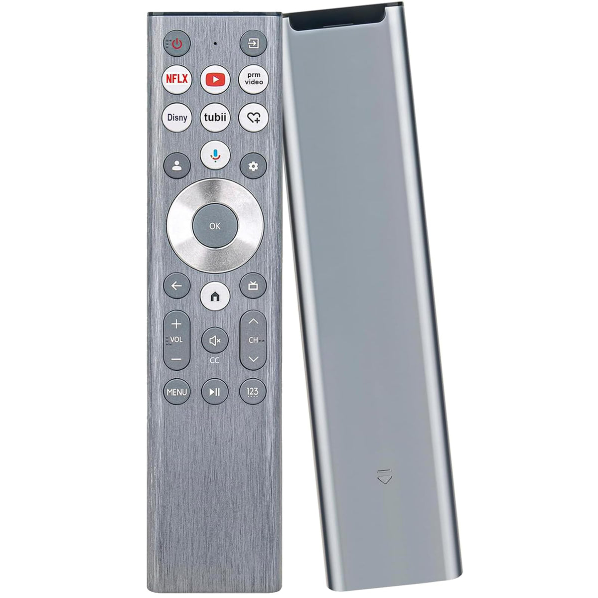 Xiaodib ERF6A80 voice remote front view showing ergonomic grip for Hisense TV control