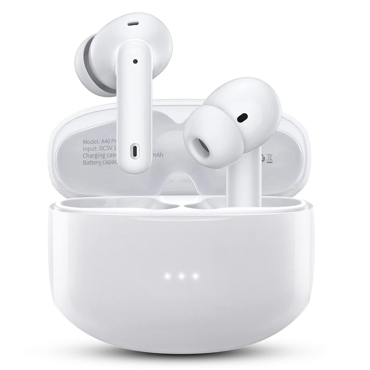 XIAOWTEK A40 Pro case open with earbuds ready for quick pairing and setup.
