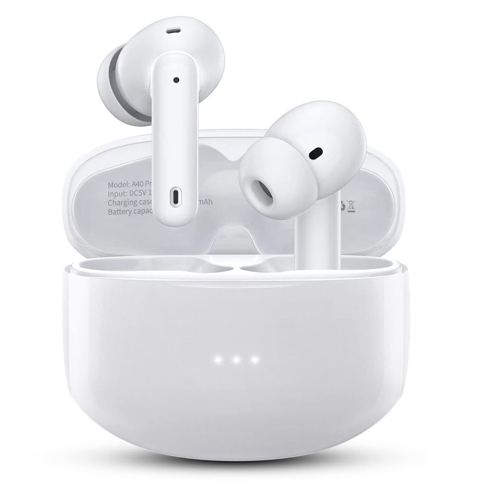 XIAOWTEK A40 Pro case open with earbuds ready for quick pairing and setup.