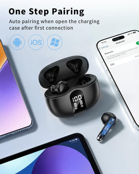 XIAOWTEK open charging case with earbuds showing instant auto-pairing convenience