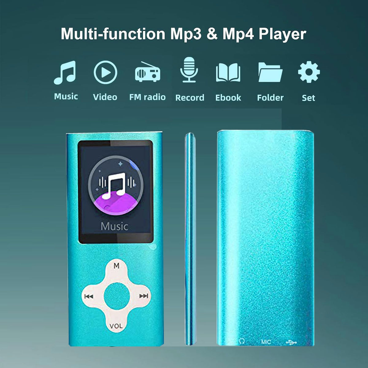 Xidehuy mp3 player back view highlighting compact design for travel.