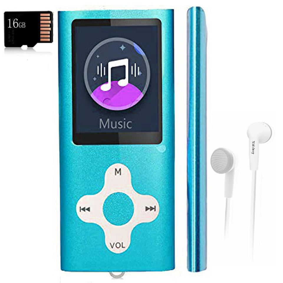 Xidehuy mp3 player front view in sky blue color for portable listening.