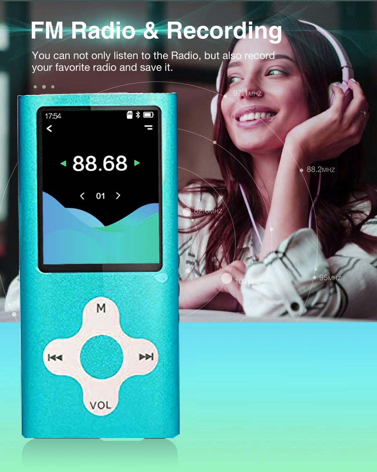 Xidehuy mp3 player side view showing slim profile for pocket use.