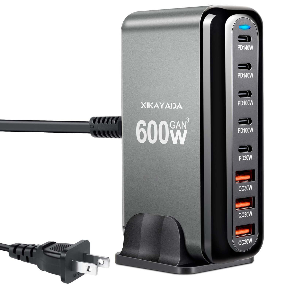 XIKAYADA front view showing eight ports and compact design, saves space