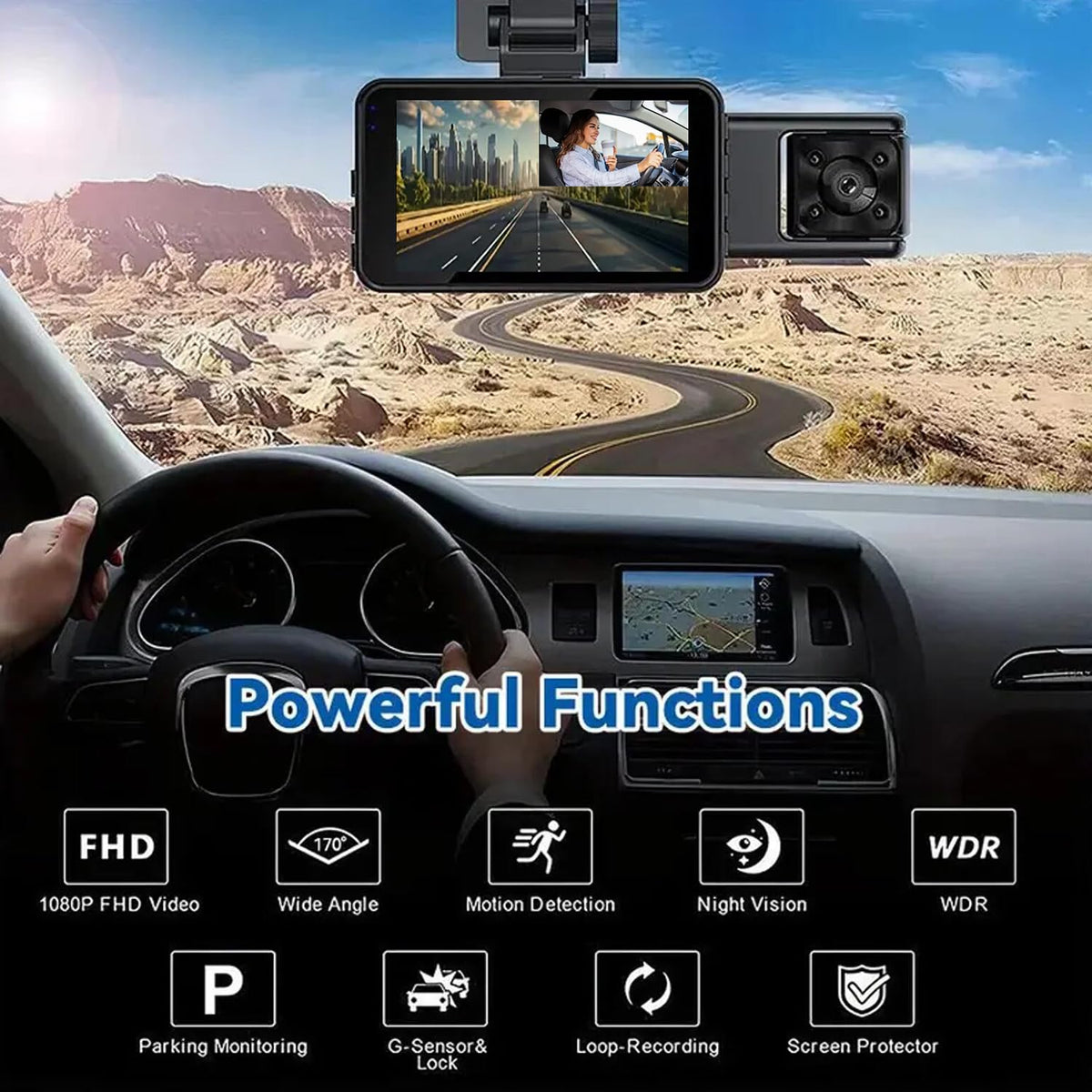 XIKLOP rear camera mounted on windshield capturing trailing traffic clearly