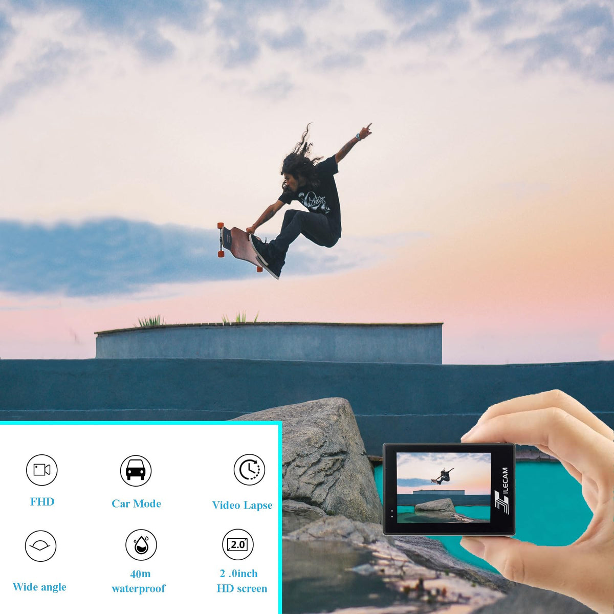Xilecam action camera 1080p side view for immersive first-person footage