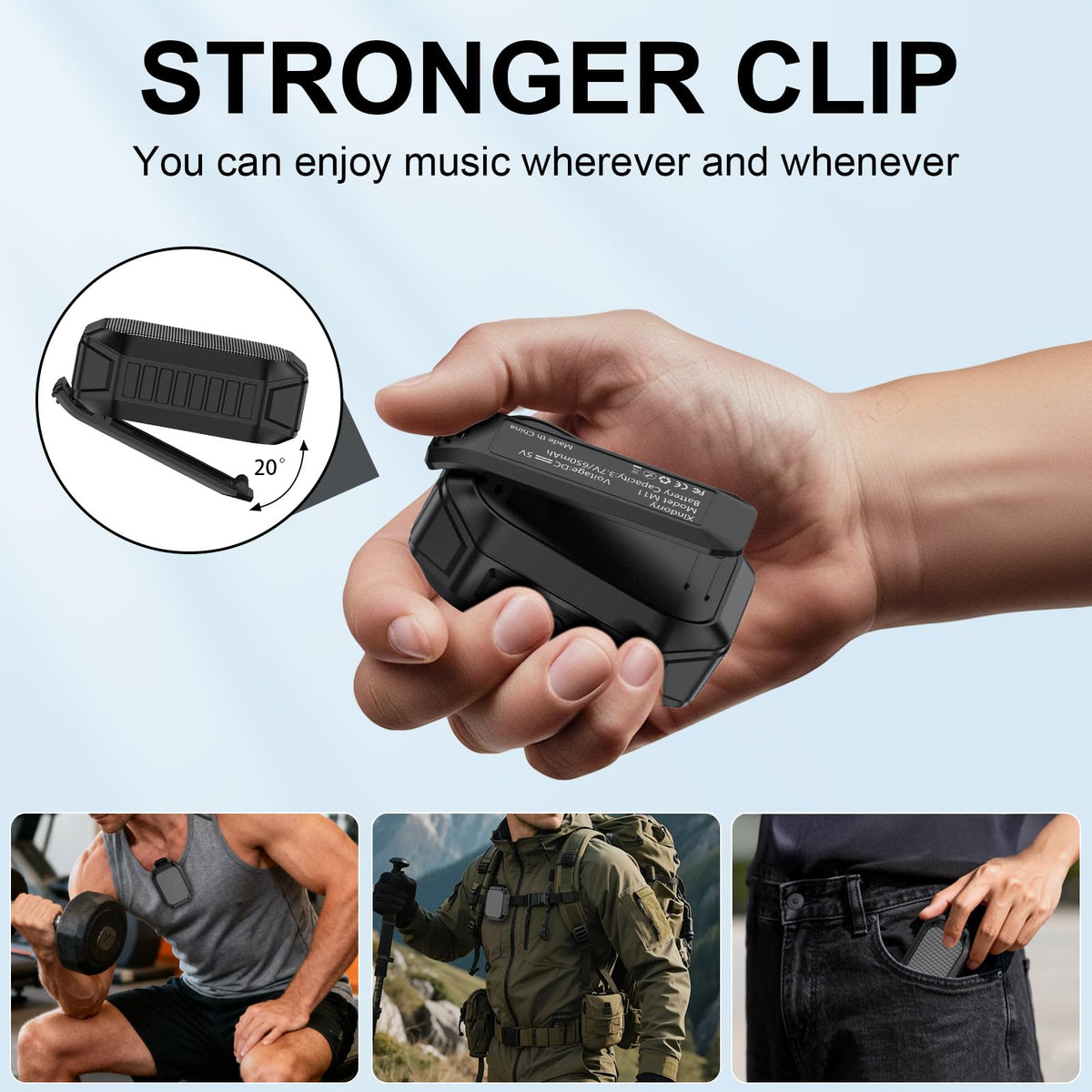 Xinborry wearable speaker with a lanyard ready for wrist or gear attachment.
