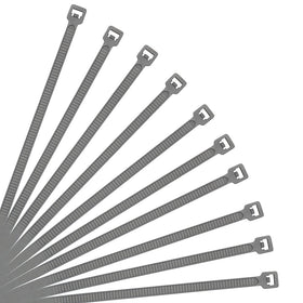 XINGO 8-inch silver cable tie secures cables indoors and outdoors.