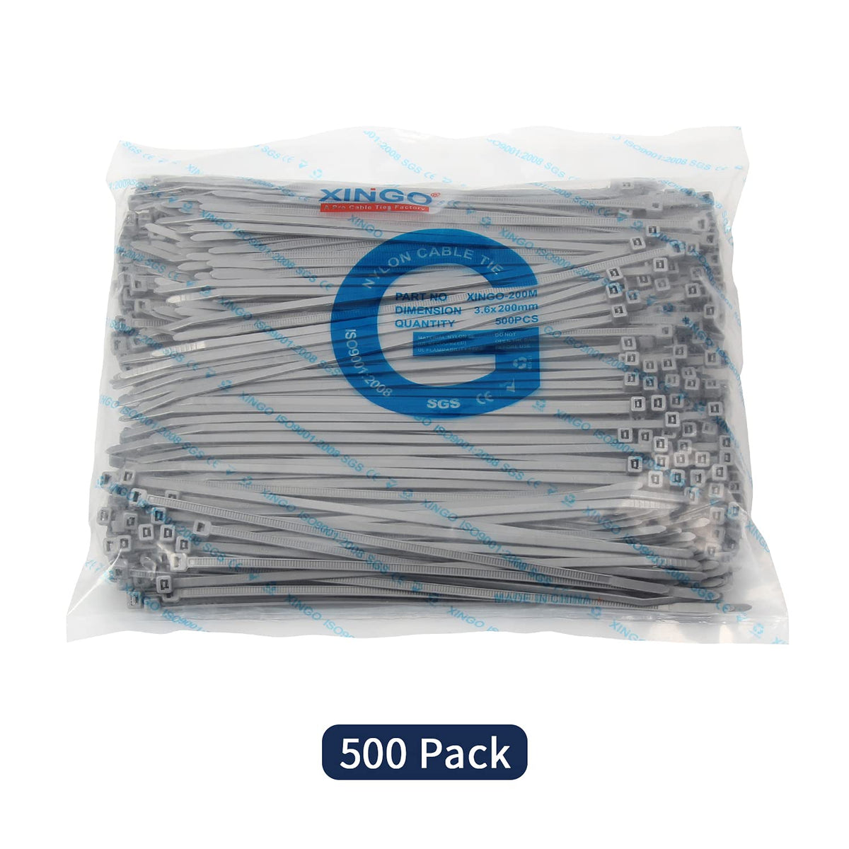XINGO 8-inch silver zip tie for durable indoor and outdoor use.
