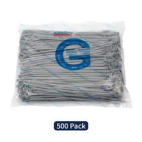XINGO 8-inch silver zip tie for durable indoor and outdoor use.