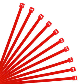 XINGO 10-inch red cable tie closeup demonstrates sturdy construction for reliable bundling.