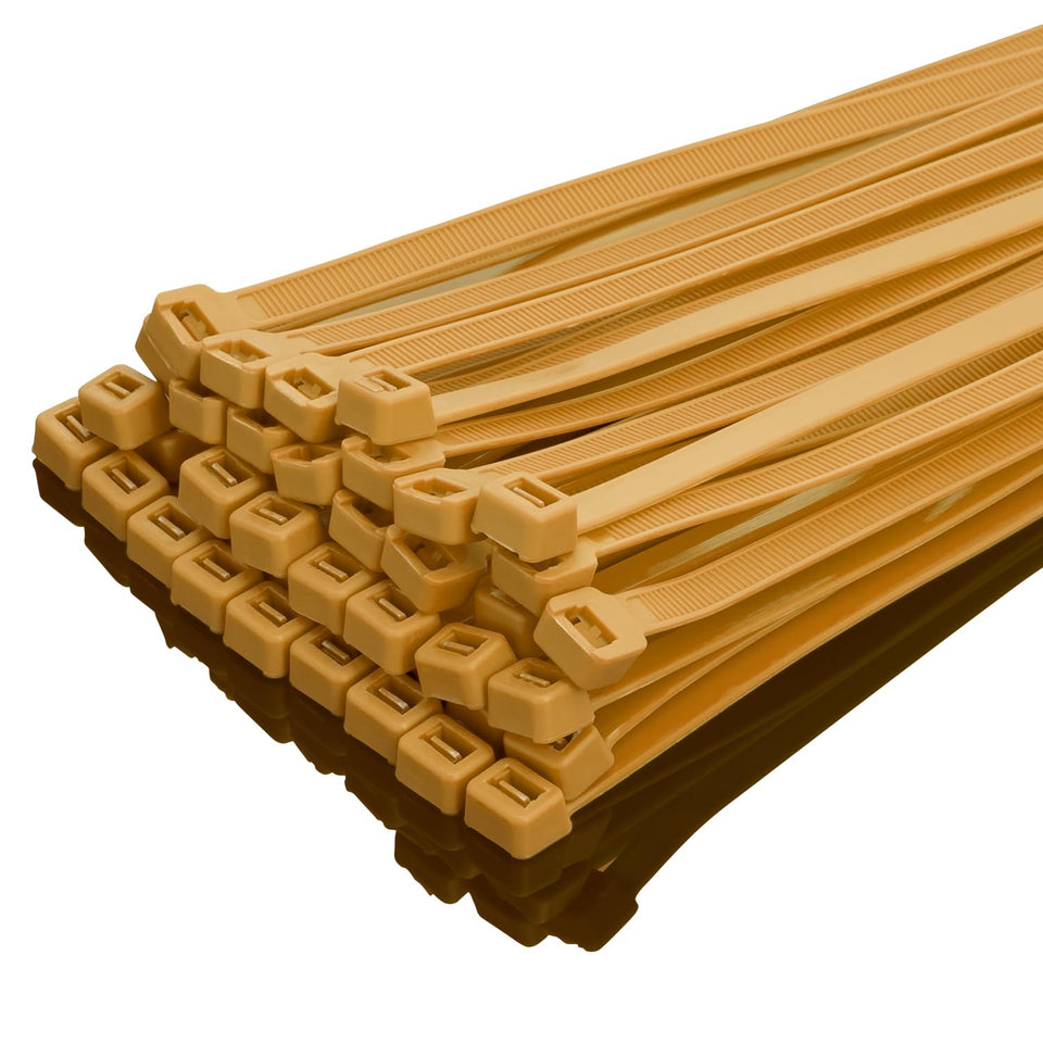 XINGO 10-inch gold zip ties ready for sturdy 100-pack cable organization.