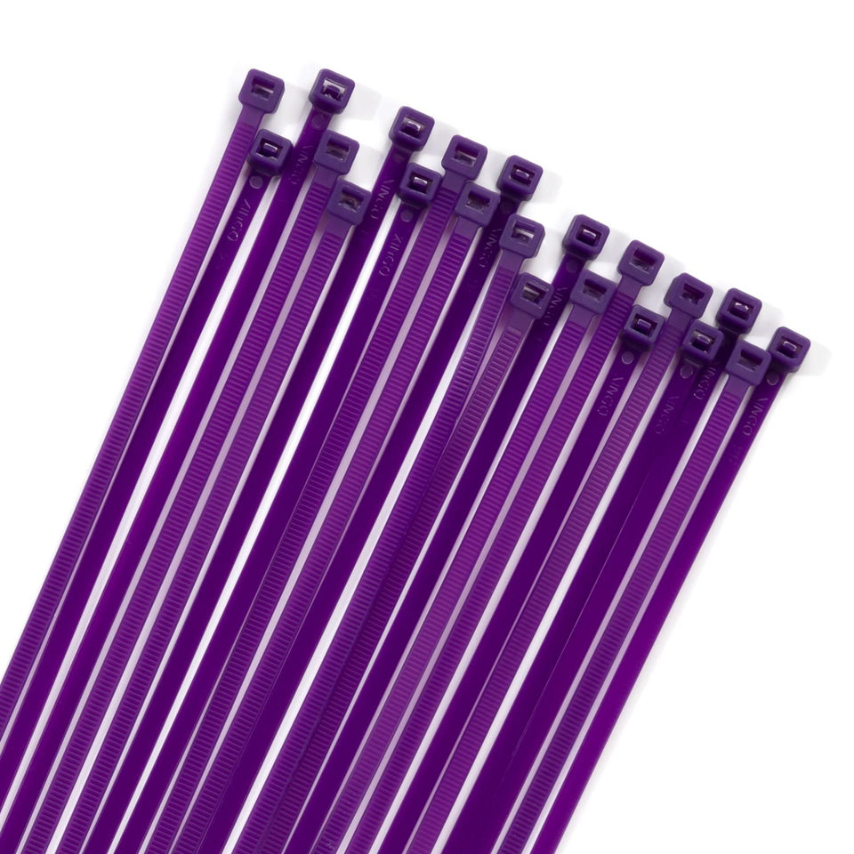 XINGO 100pcs purple 16-inch cable ties for heavy-duty bundling and organization.