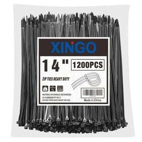 XINGO front packaging showing 1200 black 14-inch zip ties for long-lasting supply