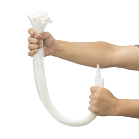 XINGO 24-inch white zip ties in packaging, highlighting long length for heavy-duty binding.