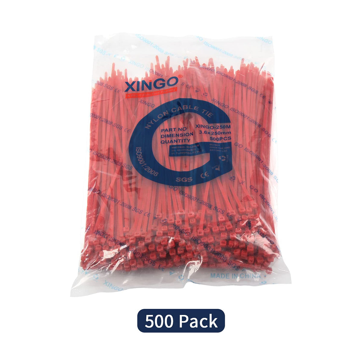 XINGO 40lbs tensile red cable tie 500-pack in use secures cables safely.