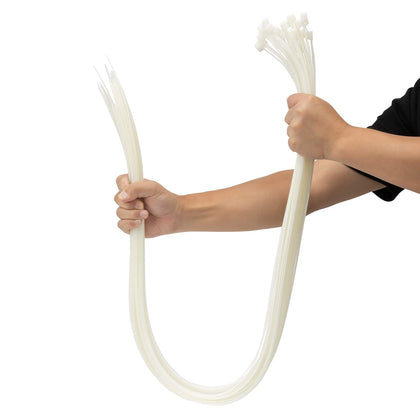 XINGO 48in white zip ties with 200 lb strength for rugged cable organization.