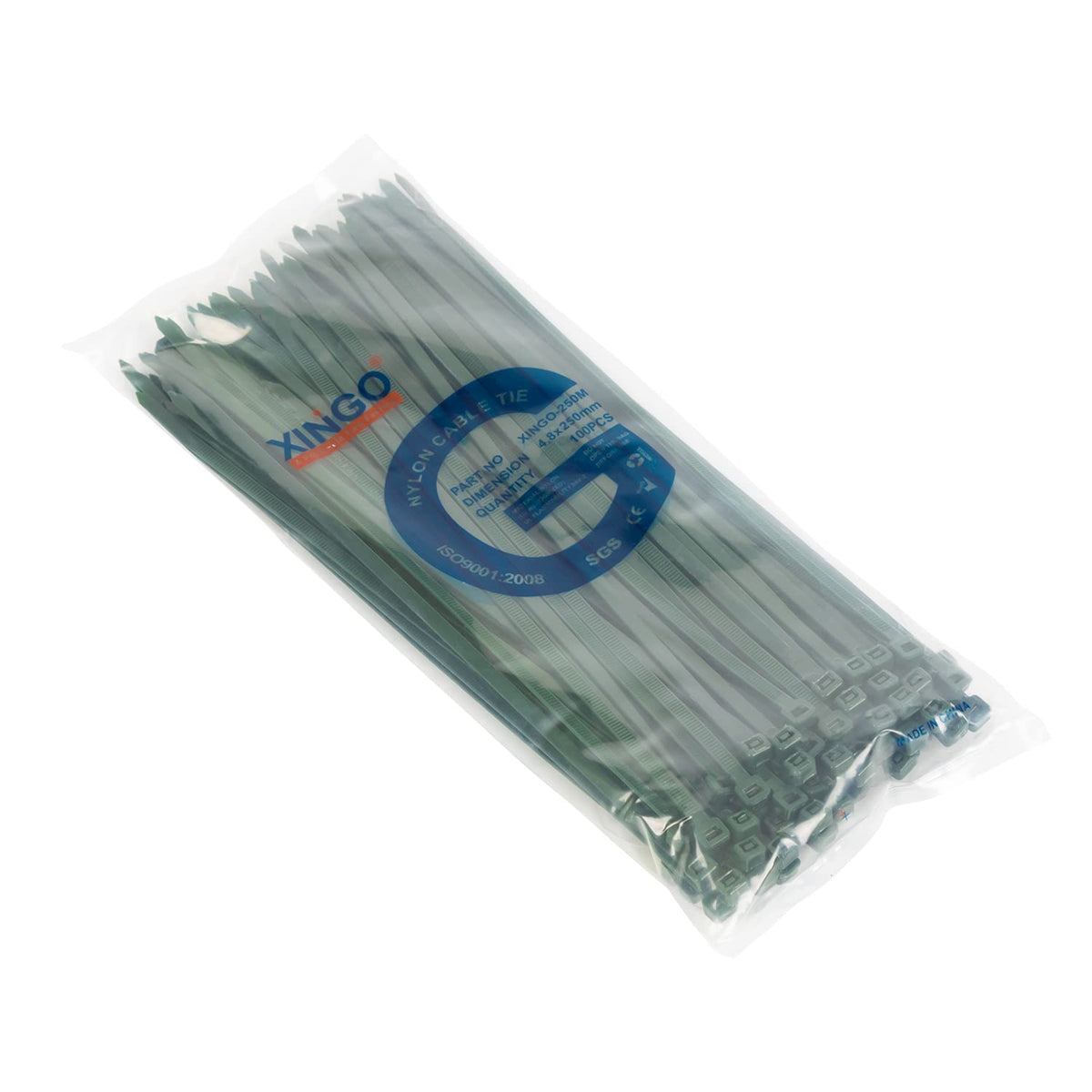 XINGO zip tie close-up showing 50 lb tensile strength and sturdy locking.