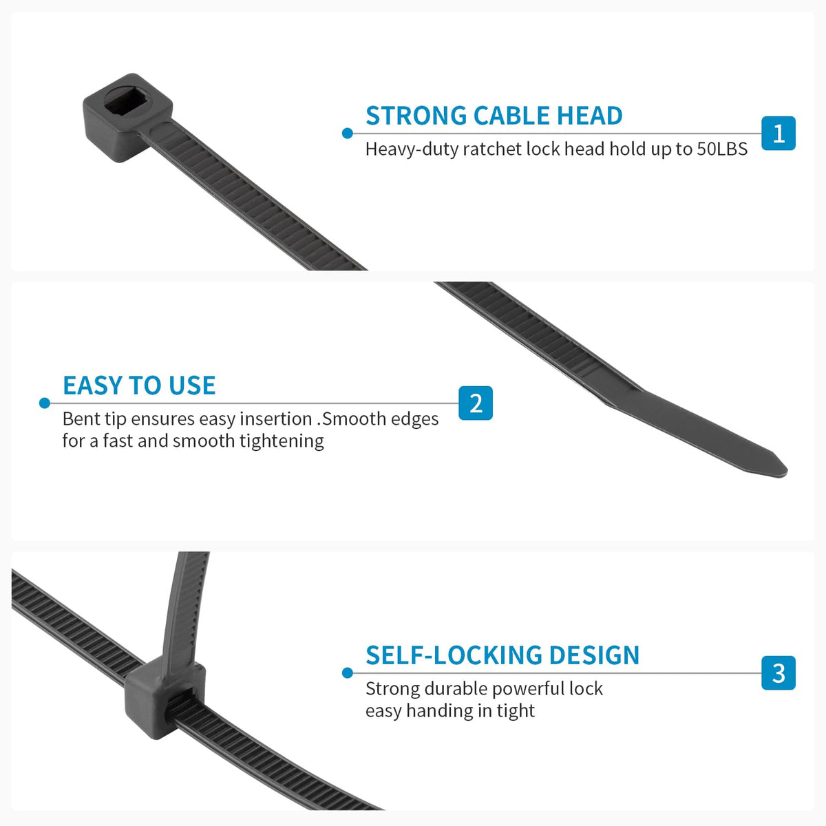 XINGO black zip ties 12-inch strong ties for industrial tasks.
