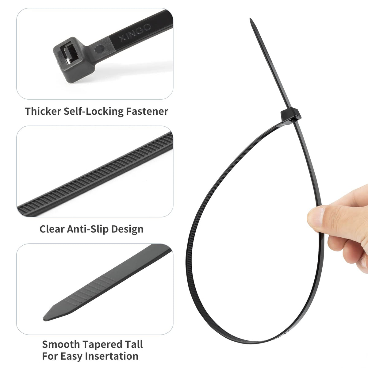 XINGO zip ties organizing cables, bikes, and garden tools