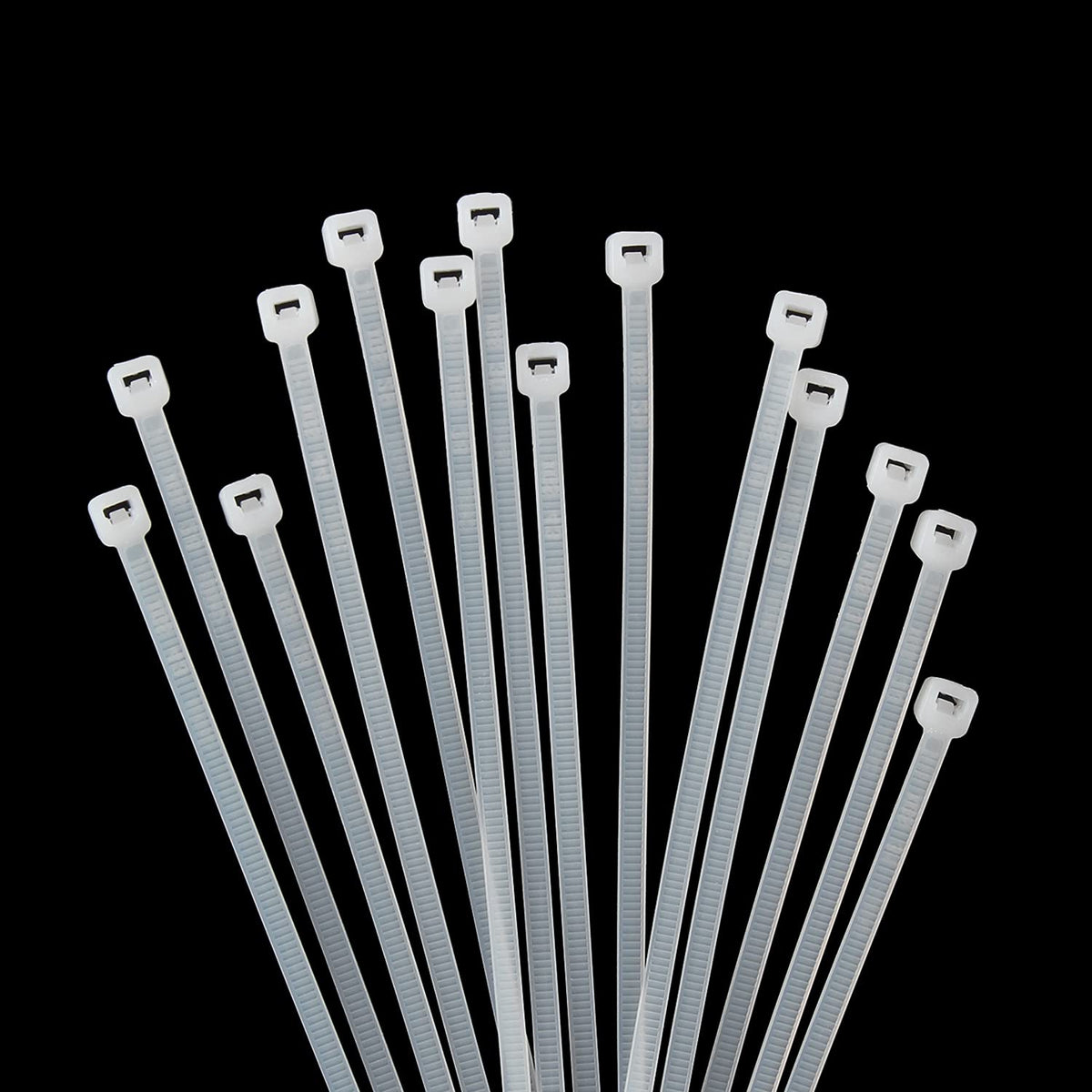 XINGO 8-inch cable ties with self-locking head for secure indoors bundling.