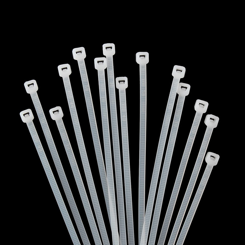 XINGO 8-inch cable ties with self-locking head for secure indoors bundling.