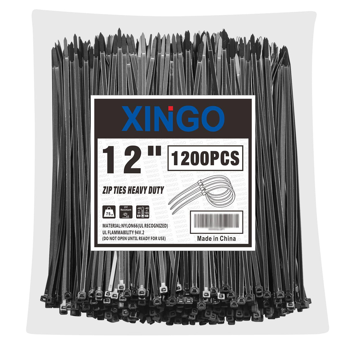 XINGO front packaging showing 1200 black zip ties and quantity benefit