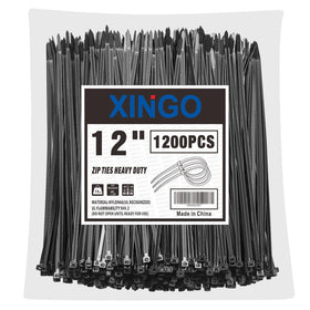 XINGO front packaging showing 1200 black zip ties and quantity benefit