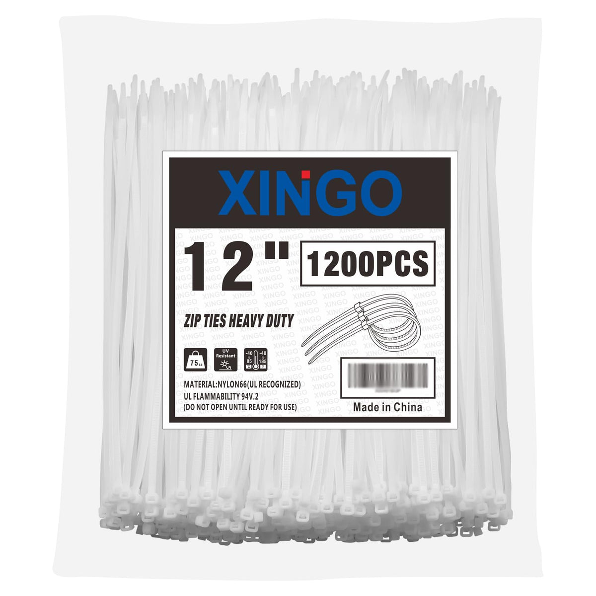 XINGO front packaging showing 1200 white zip ties and value pack benefits