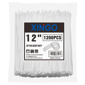 XINGO front packaging showing 1200 white zip ties and value pack benefits