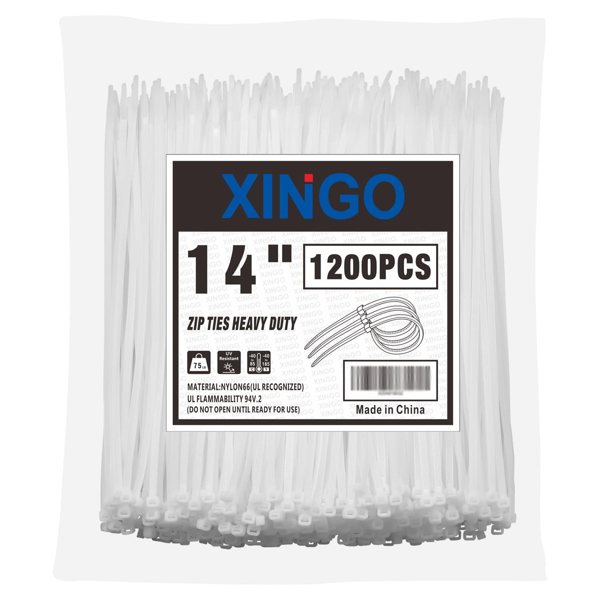 XINGO front packaging showing 14-inch white zip ties and quantity benefit