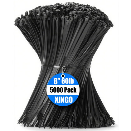 XINGO front pack of 5000 black zip ties showing bulk supply and convenience