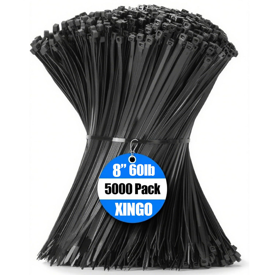 XINGO front pack of 5000 black zip ties showing bulk supply and convenience