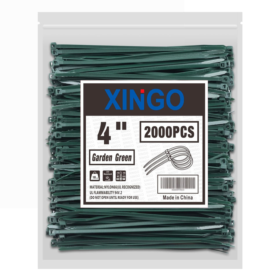 XINGO front packaging showing 2000 green zip ties and clear count benefit