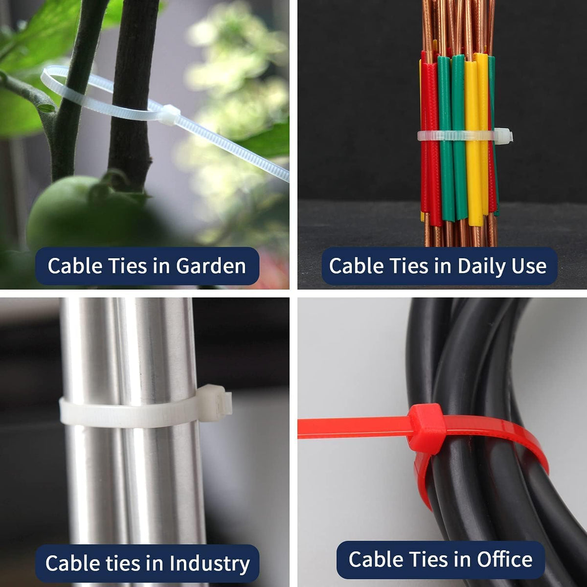 XINGO zip ties securing cables and plants for versatile indoor-outdoor use.