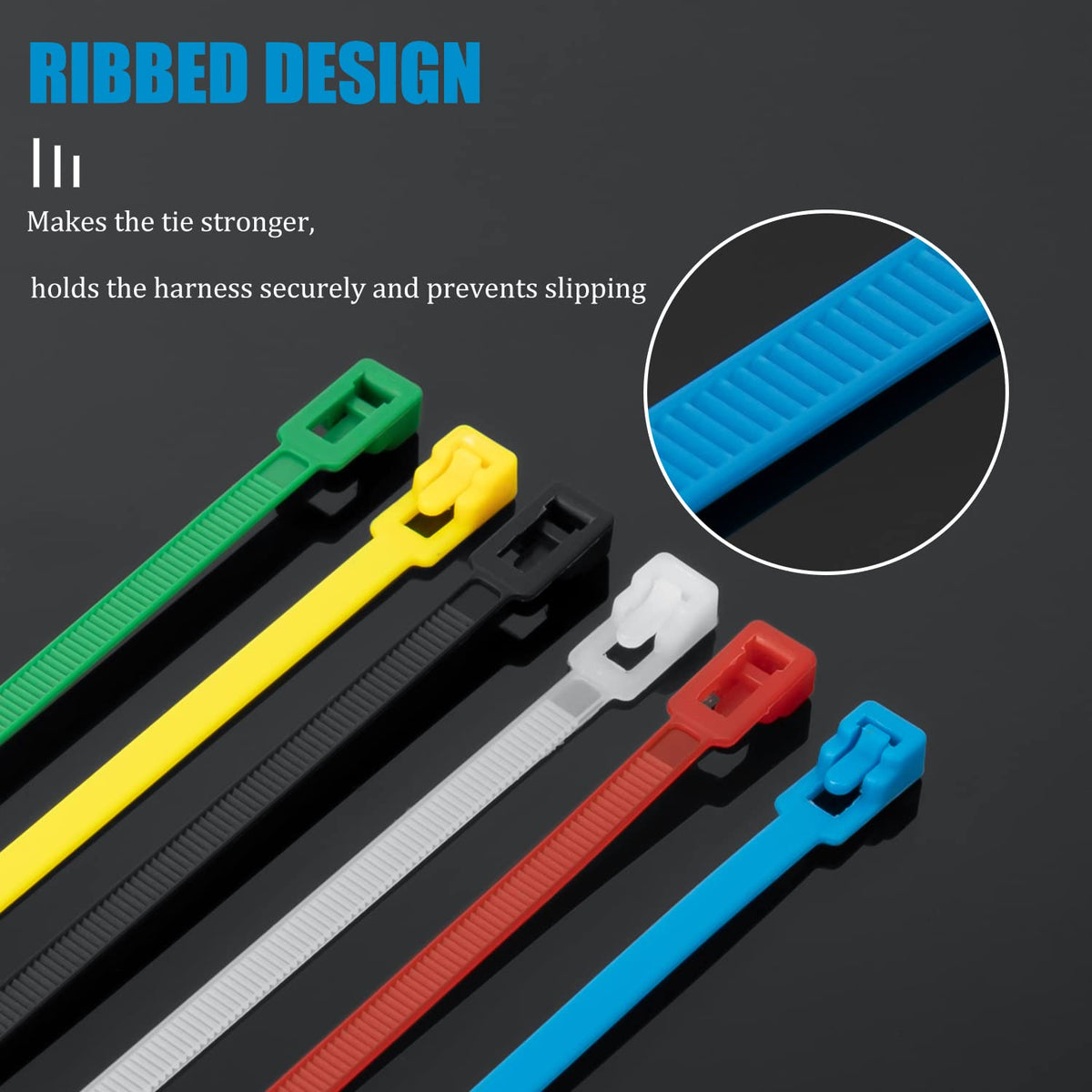 XINGO self-locking zip tie close-up shows reusable design for easy cable management.