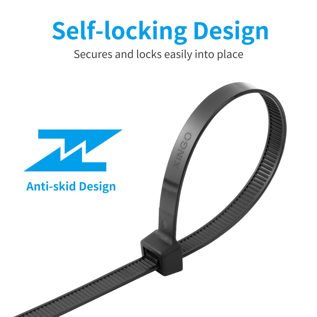 XINGO self-locking zip tie close-up highlighting secure locking mechanism