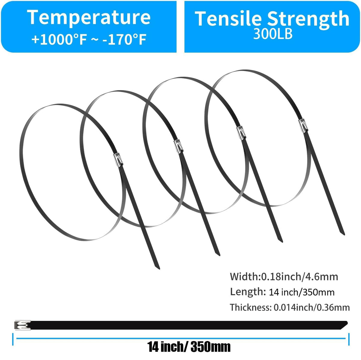 XINGO stainless steel zip tie shows 300lbs strength for tough assemblies.