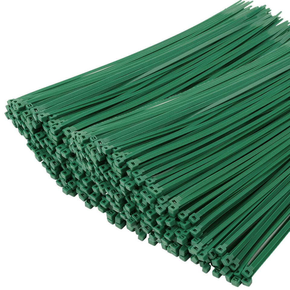 XINGO front pack of 1000 green zip ties showing bulk supply and clear labeling benefit
