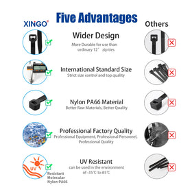 XINGO zip tie laid next to ruler showing 14-inch length and scale accuracy