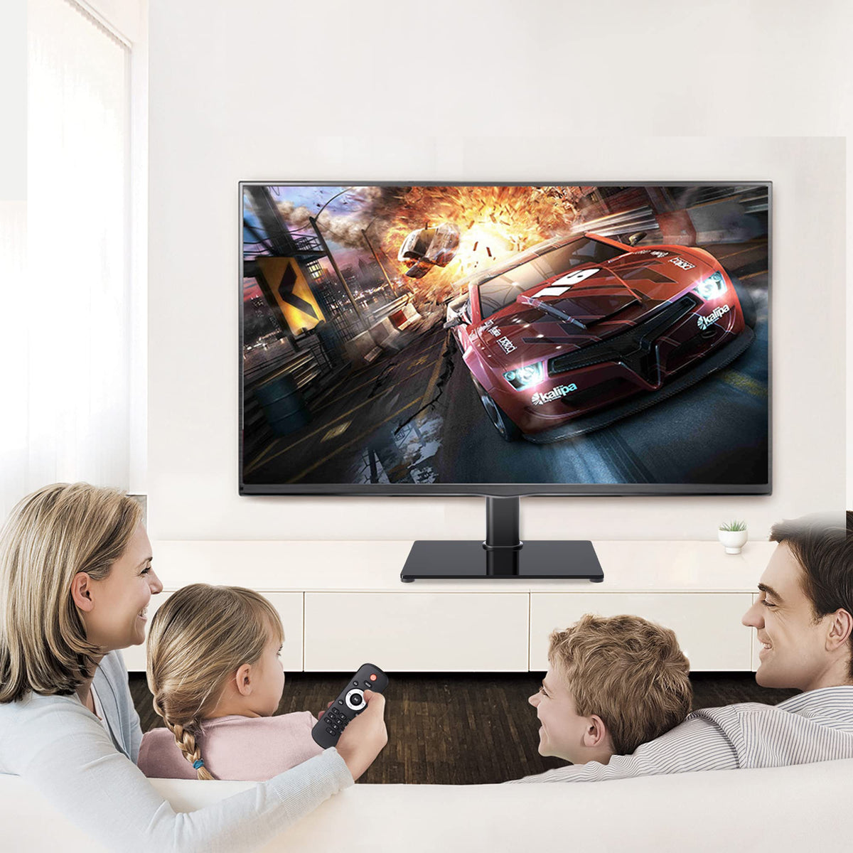 XINLEI stand in living room demonstrates easy placement away from walls.
