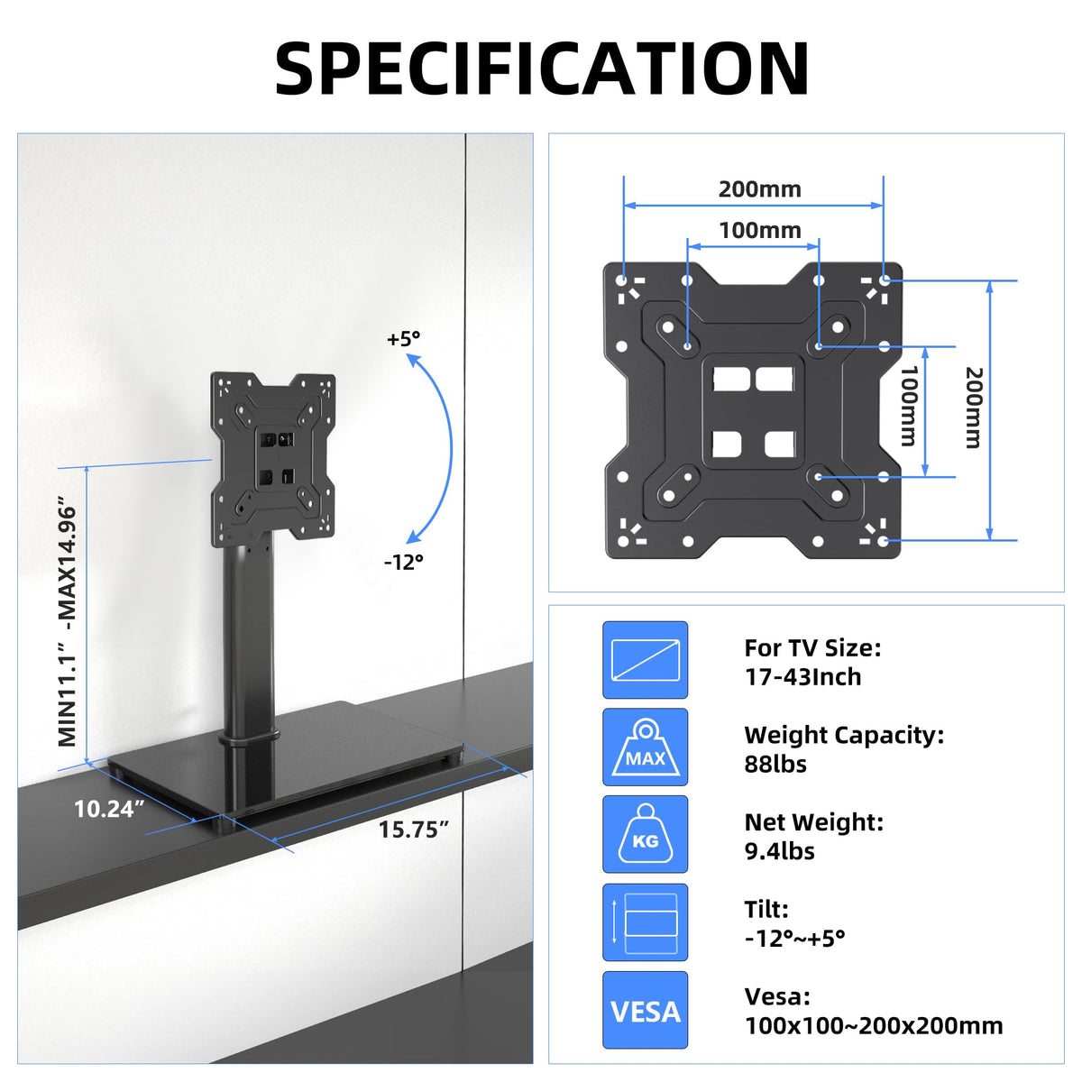 XINLEI table-top TV stand tilt adjustment highlights ergonomic viewing angles.