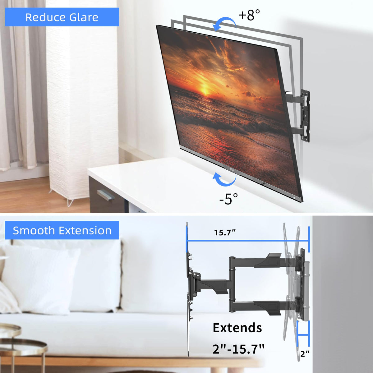 XINLEI wall mount extended arm demonstrating reach for corner seating.
