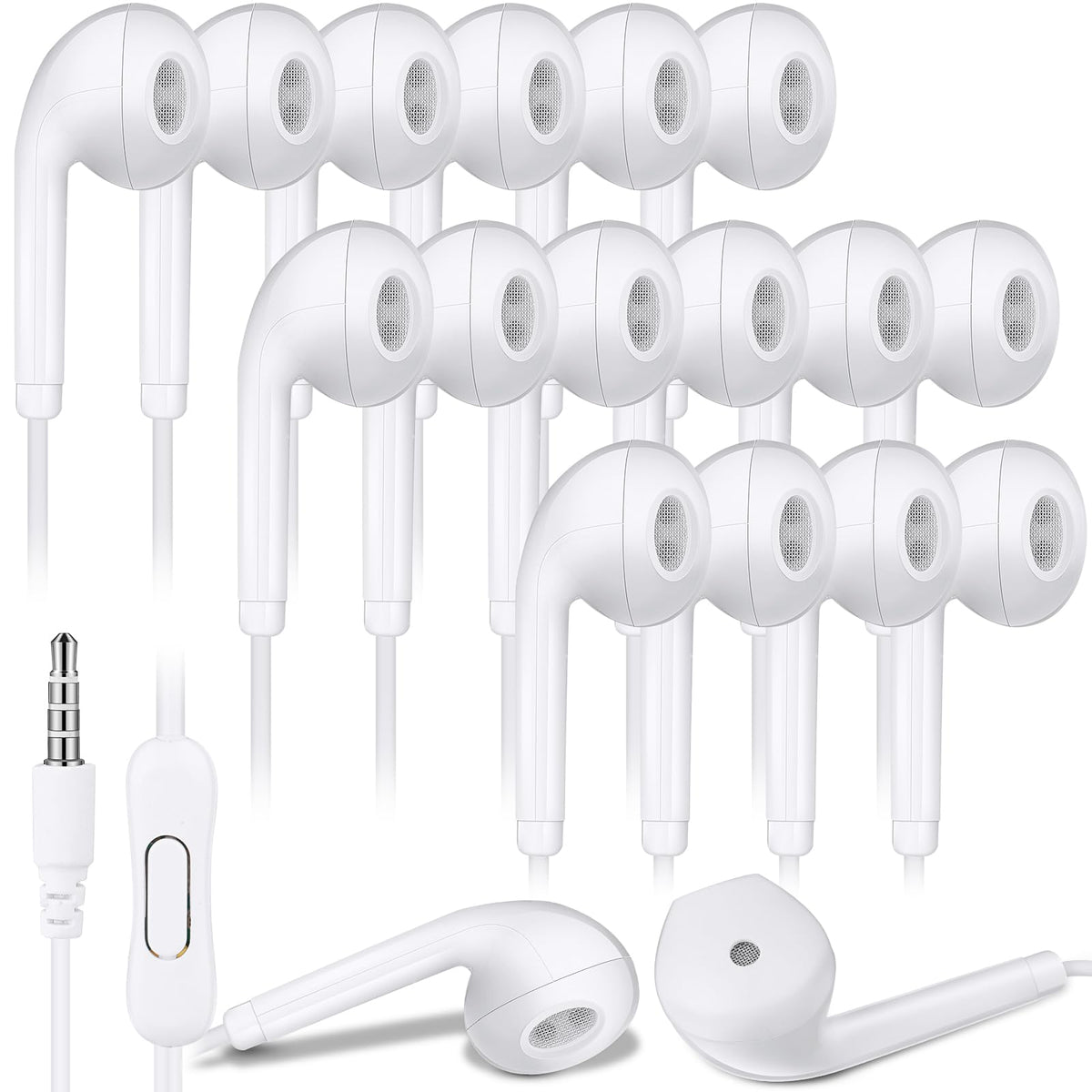 Xinnun 50-pack white earbuds with mic, durable for classrooms and travel