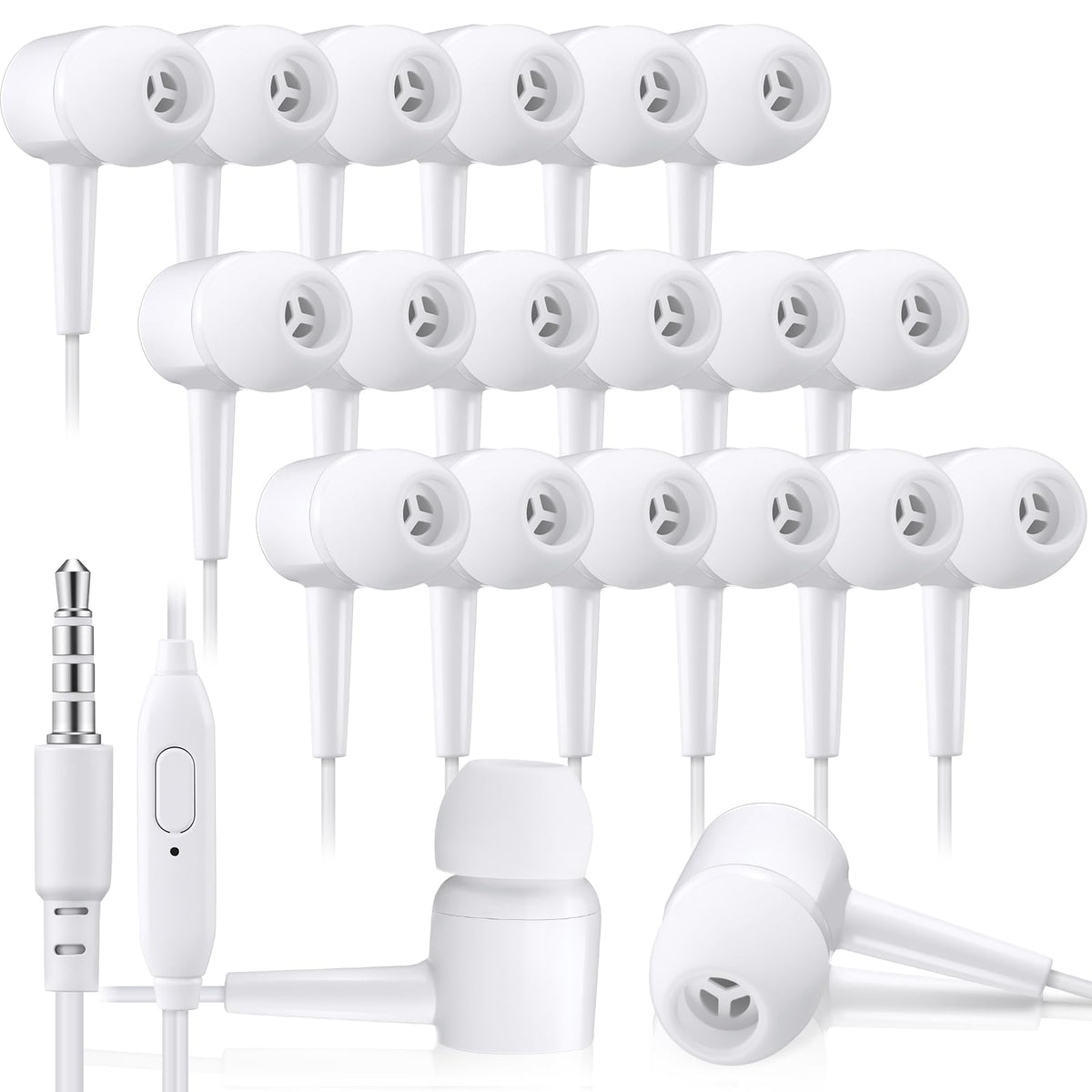Xinnun bulk earbud headphones with mic for classroom use and group activities.