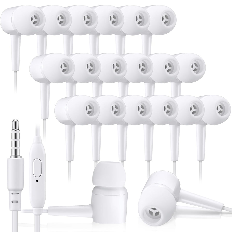 Xinnun bulk earbud headphones with mic for classroom use and group activities.