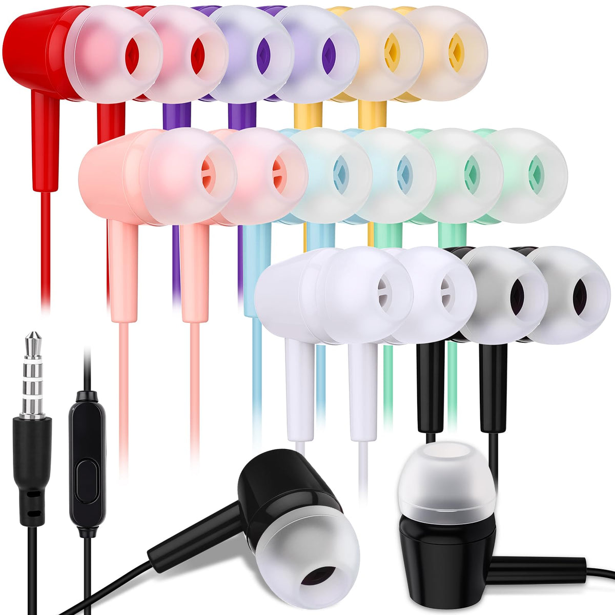 Xinnun front packaging of 50-pack earbuds showing multicolor assortment and quantity benefit